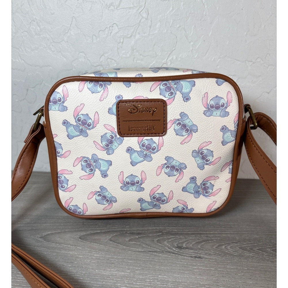 Loungefly Disney Lilo & Stitch Crossbody Bag Cream Brown Faux Leather Camera Bag - Picture 1 of 7